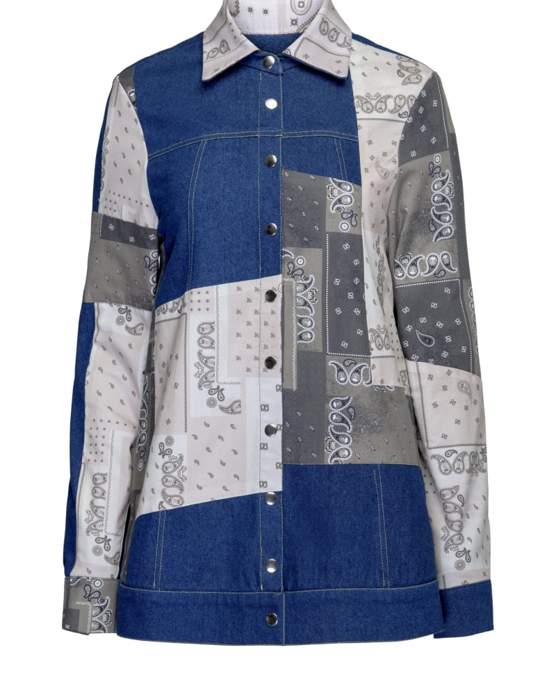 Front of a size 3X Patch Denim Jacket in Navy by Hilary MacMillan. | dia_product_style_image_id:358655